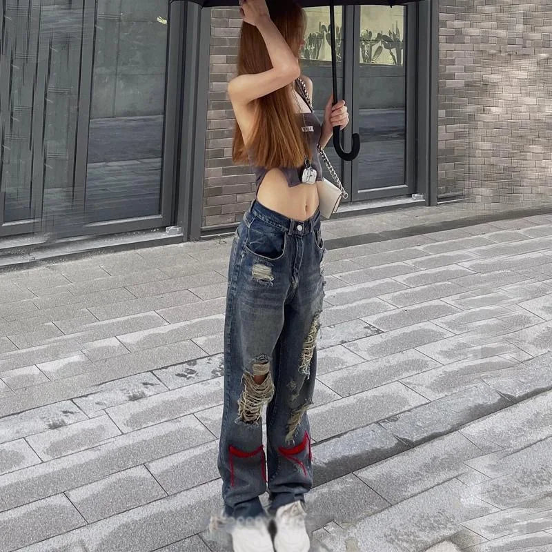 Hole trend girl denim straight leg pants women hiphop high street retro Y2K hot girl high waist loose wide leg pants jeans women