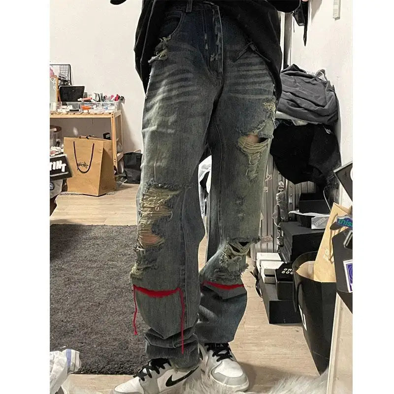 Hole trend girl denim straight leg pants women hiphop high street retro Y2K hot girl high waist loose wide leg pants jeans women