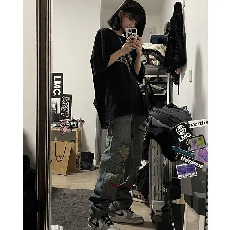 Hole trend girl denim straight leg pants women hiphop high street retro Y2K hot girl high waist loose wide leg pants jeans women