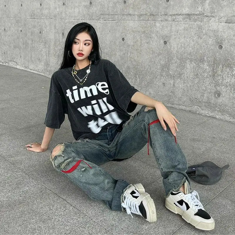 Hole trend girl denim straight leg pants women hiphop high street retro Y2K hot girl high waist loose wide leg pants jeans women