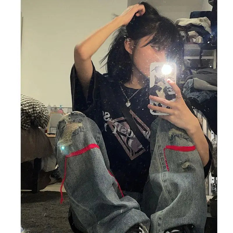 Hole trend girl denim straight leg pants women hiphop high street retro Y2K hot girl high waist loose wide leg pants jeans women