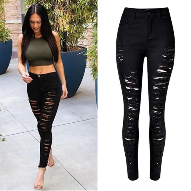 Ripped Jeans For Women Black Ripped Jeans Sexy Distressed Jeans Skinny High Waist Elastic Pencil Denim Trousers