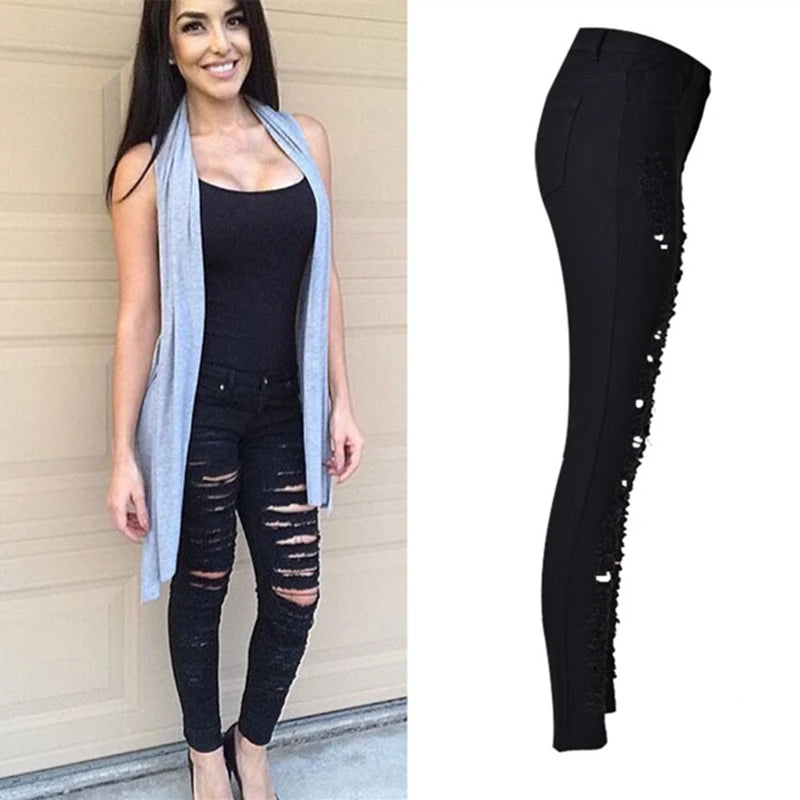 Ripped Jeans For Women Black Ripped Jeans Sexy Distressed Jeans Skinny High Waist Elastic Pencil Denim Trousers