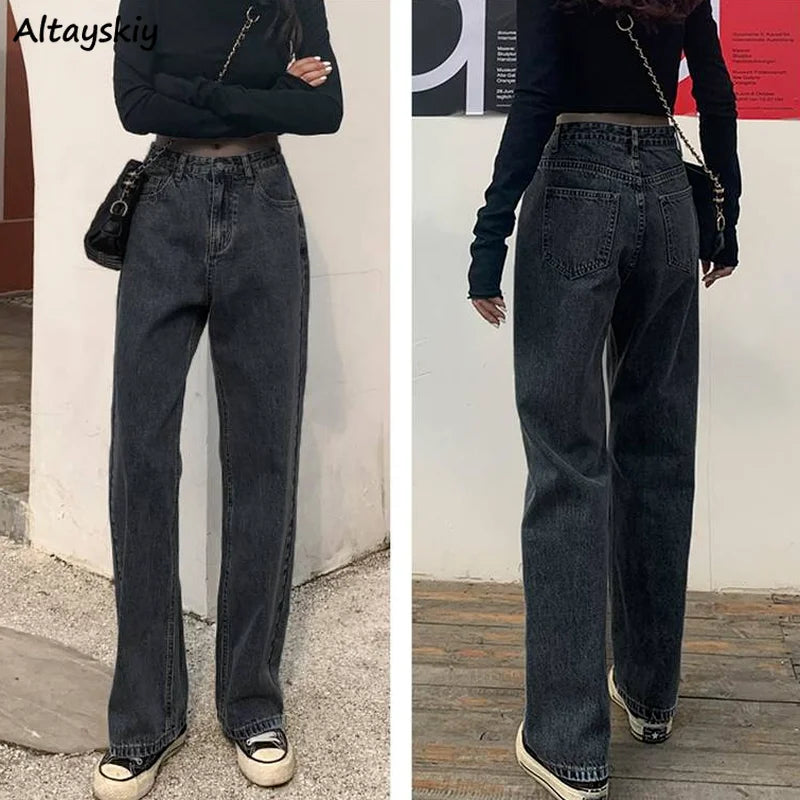 Women Jeans Solid Black Retro Vintage Zipper Spring Straight Trousers All-match Students Ulzzang Baggy Fashion High Waist Causal