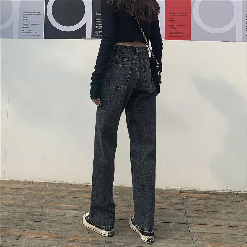 Women Jeans Solid Black Retro Vintage Zipper Spring Straight Trousers All-match Students Ulzzang Baggy Fashion High Waist Causal