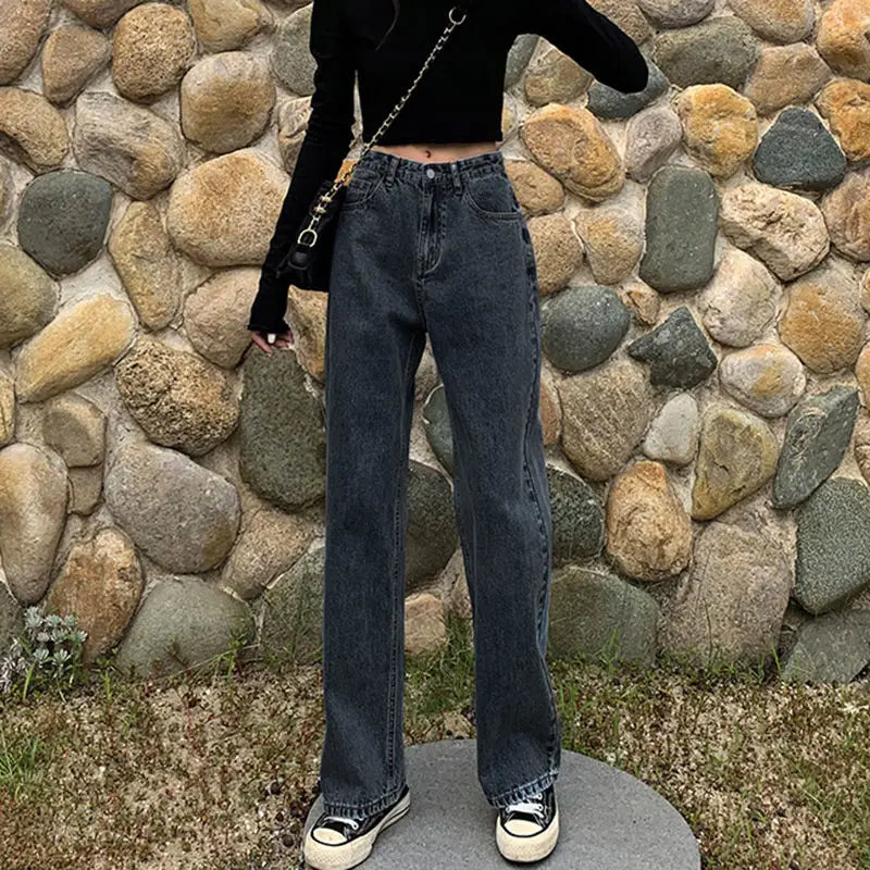 Women Jeans Solid Black Retro Vintage Zipper Spring Straight Trousers All-match Students Ulzzang Baggy Fashion High Waist Causal