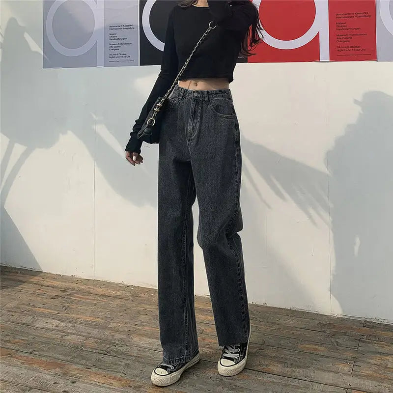 Women Jeans Solid Black Retro Vintage Zipper Spring Straight Trousers All-match Students Ulzzang Baggy Fashion High Waist Causal